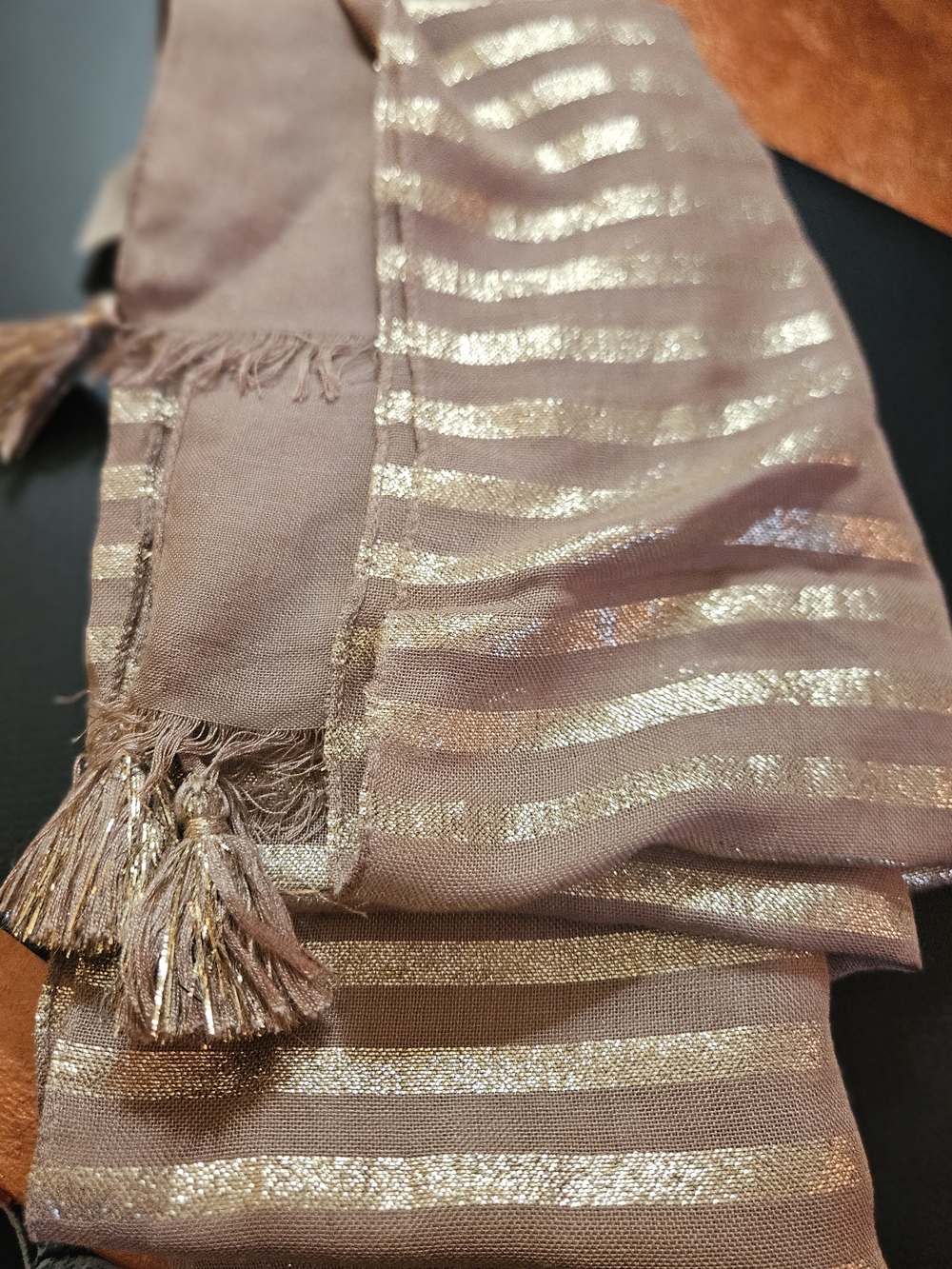 J.Jill Elegant Metallic Stripe Scarf - Taupe with Gold